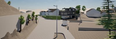 3D-visualisering av en nybyggingsplan med hus, veier, hekker og trær i et terreng.