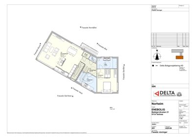 Etasjeplan (SØK) som viser romfordeling, møblering og fasaderetning for enebolig.