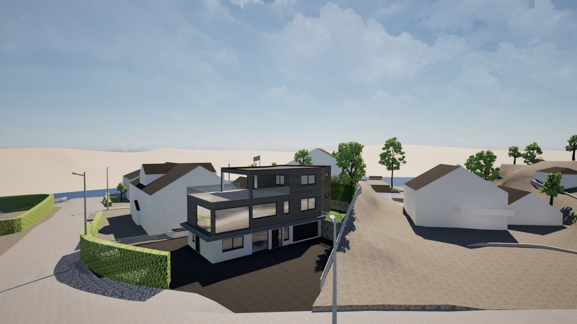 3D-visualisering av en moderne bolig sett fra utsiden, inkludert omgivende tomte og nabolag.