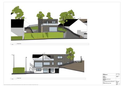 Fasadetegning som viser bygningens utseende fra to ulike vinkler (Fasade Nord og Fasade Vest) inkludert terrengforhold og omgivende beplantning.