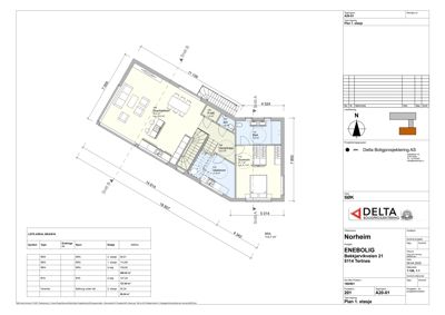 Etasjeplan (1. etasje) for en bolig med romfordeling, dimensjoner og arealoppdeling.