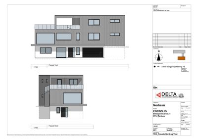 Fasadetegning som viser bygningens utseende sett fra nord og vest.