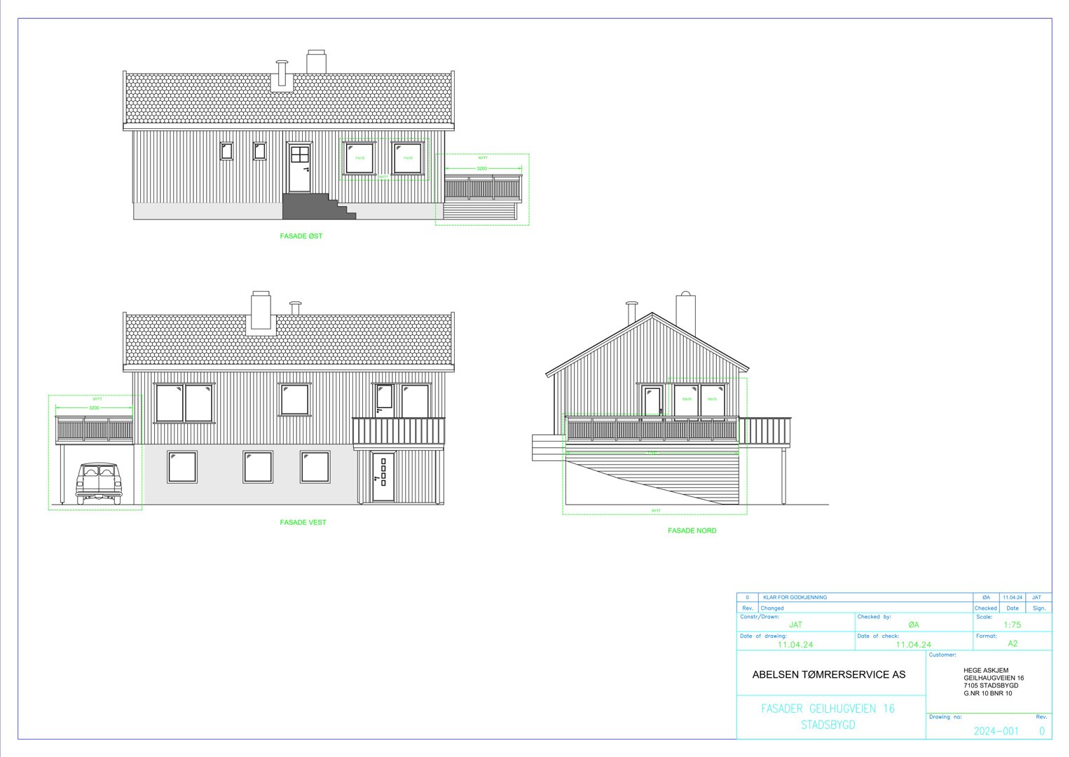Fasadetegning som viser bygningens utsyn fra nord, vest og øst.
