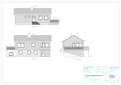Fasadetegning som viser bygningens utsyn fra nord, vest og øst.