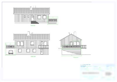 Fasadetegning som viser bygningens utsyn fra nord, vest og øst.
