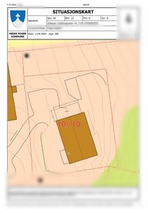 Situasjonskart som viser eiendomsnummer 10/10 med bygning, topografi og grenser.
