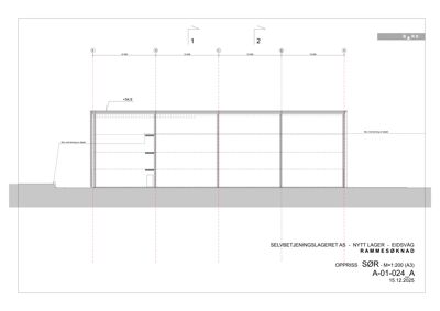 Oppriss (fasadetegning) av et nytt lagerbygg med angitte mål og konstruksjonsdetaljer.