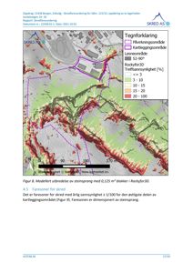Kart som viser modellert utbredelse av steinsprang (Rockyfor3D) i et kartleggingsområde, med overlappende arealer for løsmasse og bygninger.