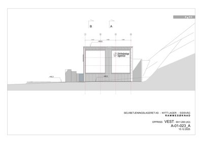Oppriss (fasadetegning) av en bygning sett fra vest, med angitte høyder (+40.3 og +54.9) og akselinummer.