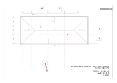 Tegning av takkonstruksjon med detaljerte mål, takhøyder og takplaner.