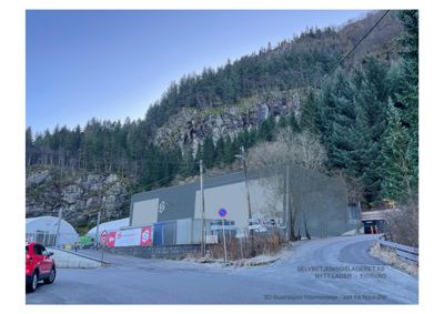 3D-visualisering (rendering) av et nytt lagerbygg sett fra Nord-Øst, kombinert med en fotomontasje av eksisterende omgivelser.