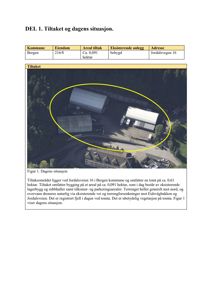 Luftfoto av en tomt med eksisterende bygninger (lagerbygg, rubbhaller, parkeringsarealer) og omgivende terreng.