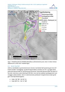 Et bakgrunnskart med overlagte kartleggingsområder, flomskred og RAMMS-modellering for en skredfarevurdering.