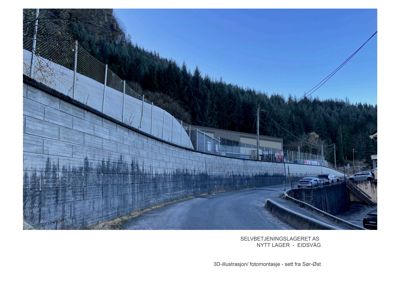 3D-visualisering (rendering) av et nytt lagerbygg i Eidsvåg, inkludert en fotomontasje av en eksisterende vegg og gate.
