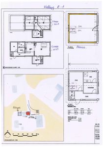 Dette bildet viser en samling tegninger fra en byggesak, inkludert etasjeforhold (Plan 1 og Plan 2), en situasjonsplan og en fasade/oppriksplan.
