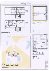 Dette bildet viser en samling tegninger fra en byggesak, inkludert etasjeforhold (Plan 1 og Plan 2), en situasjonsplan og en fasade/oppriksplan.
