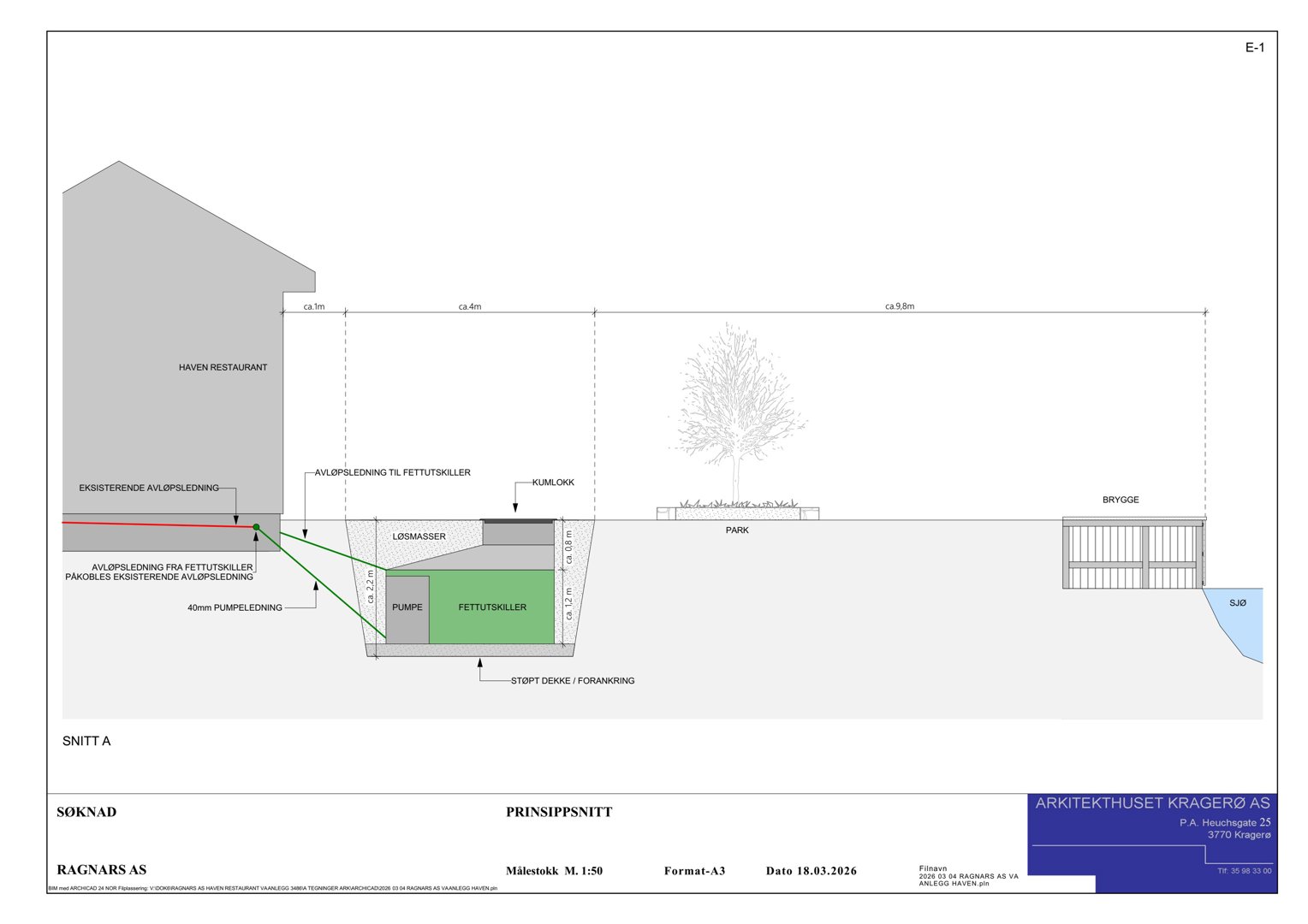 Prinsippssnitt (Snitt A) som viser bygningens tverrsnitt, grunnkonstruksjon og tilknyttede ledninger.