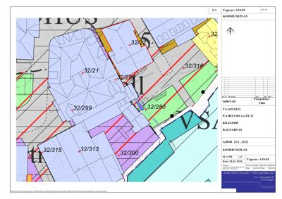 Situasjonsplan (kommuneplan) som viser eiendomsinndeling, arealbruk og bygningers plassering i forhold til hverandre.