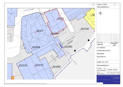 Situasjonsplan som viser eiendomsinndeling (nr. 32/21, 32/22 osv.), bygningers plassering og grenser for VA-anlegg.