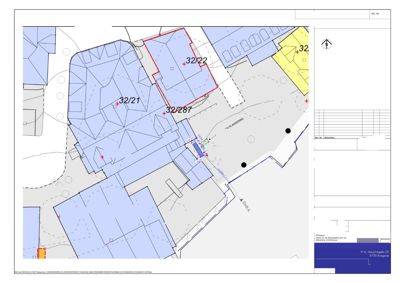 Situasjonsplan som viser eiendomsinndeling (nr. 32/21, 32/22 osv.), bygningers plassering og grenser for VA-anlegg.