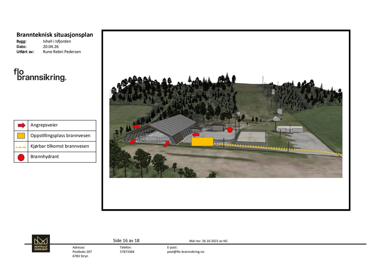 3D-visualisering (rendering) av et brannsituasjonsskjema for en ishall, som viser bygningens plassering i terrenget, angrepsveier, brannvesenplassering og brannhydranter.
