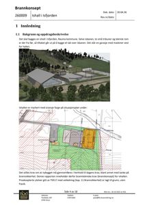 Dokumentet inneholder en 3D-visualisering (rendering) av en ishall og en situasjonsplan. Siden er en del av en brannkonsept-rapport.