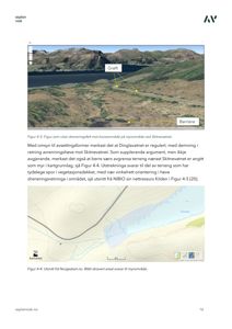 Bildet viser en side fra en rapport som inneholder en 3D-fotografisk visualisering (Figur 4-3) og et topografisk kart (Figur 4-4) med konturlinjer og fargekoding for myrområder.