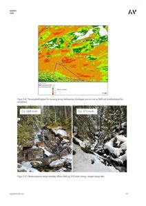 Fotografier av elveløp og berg i dalen (Heltneelva) med snødekke, inkludert et terrengellingkart over området.