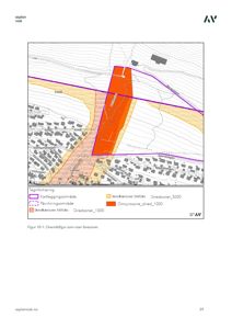 Situasjonsplan som viser faresoner (skredsoner) i forhold til bygningens plassering og omgivelsene.