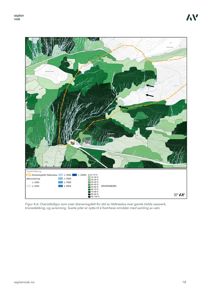 Oversiktskart (asplan viak) som viser dreneringsfelt, akkumulering, kroneveddekning og avrenning for Heltneelva over gamle Volda vassverk.