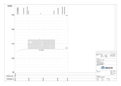 Fasadetegning (opprikk) som viser bygningens utseende sett fra siden, med angitte høyder og terrengprofil.