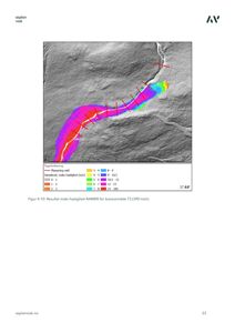 Kart som viser et topografisk kart med overlagte data om maks hastighet (RAMMS) for et losneområde, inkludert en legende og en figurtekst.