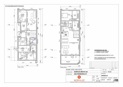 Byggessøknadstegning som viser etasjeplaner (PLAN 1. ETG. og PLAN 2. ETG.) med romfordeling, dimensjoner og tekniske spesifikasjoner for et prosjekt ved Heltne marka H1.