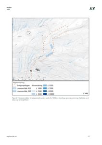 Kart som viser et asplan-område med overlagte data om erosjon og losneområder (fargekodet etter akkumulering).