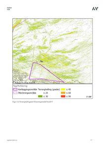 Et terrengmodellkart (topografisk kart) som viser terrengforhold, stigning (grader) og en markert kartleggingsområde (lilla polygon).