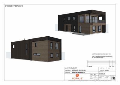3D-visualisering (rendering) av en bygning sett fra ulike vinkler, med teknisk informasjon om lys- og isolasjonsegenskaper.