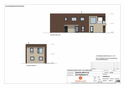 Byggesøknadstegning som viser fasadeoppsett for Nord-Vest og Nord-Øst.