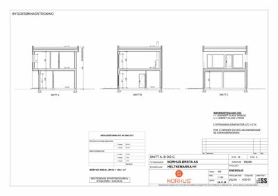 Byggeseknadstegning som viser tre snitt (A, B og C) av en bygning, inkludert dimensjoner og konstruksjonsdetaljer.