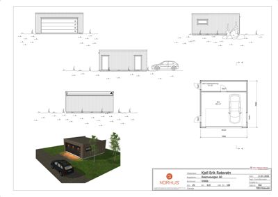 Fasadetegning med oppriss av bygning sett fra flere vinkler, samt en situasjonsplan og en 3D-visualisering.