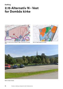 Fotografi av dagens situasjon med bilplassering og kirke i bakgrunnen