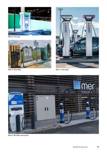 Fotografier av ulike ladestasjoner for elbiler (Bviny, Koplo, Ionity, Mer) med tilhørende tekstbeskrivelser.