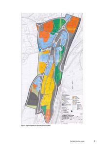 Reguleringsplan for Dombås sentrum som viser arealbruksinndeling og infrastruktur.