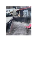 Fotografi av en utendørs scene med en svart hekk, en betonggang og en del av et bygg i bakgrunnen.