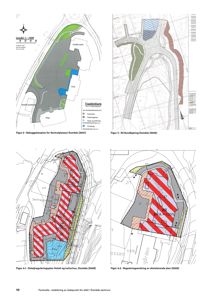 Bildet viser en samling av situasjonsplaner og reguleringsplaner for Sentralplassen i Dombås, inkludert bebyggelsesplaner, rundkjøringsplaner og detaljreguleringsplaner.