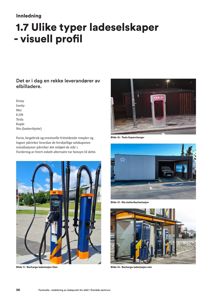 Fotografier av ulike ladestasjoner for elbiler (Tesla, Nio og Recharge) med tilhørende tekst om leverandører.