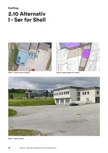 Et sammensatt bilde som viser en fotografering av dagens situasjon (Bilde 27), en flyfoto av ladeplass (Figur 27) og en reguleringsplan (Figur 38).