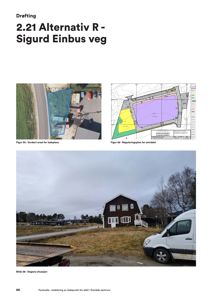 Fotografier av et ladepunkt-prosjekt, inkludert et arealvurderingsfoto, en reguleringsplan og et bilde av dagens situasjon.