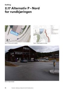 Et fotografi som viser dagens situasjon med en bygning, parkerte biler og et busstoppested.