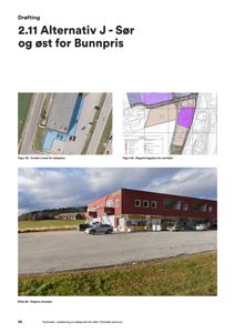 Fotografi av en eksisterende bygning (Bunnpris) med bilparkering og omgivelsene.