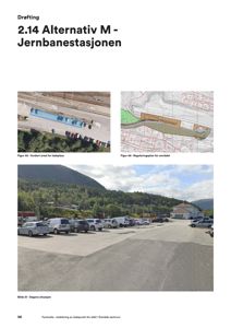 Fotografier av et ladepunkt for elbil ved Domøls sentrum, inkludert en situasjonsfoto og en vurdert areal.